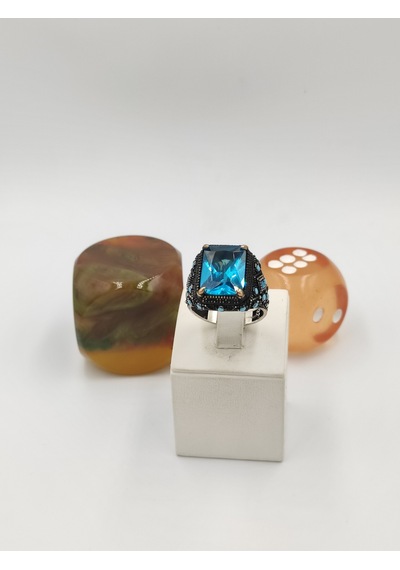 Aqumarin Yan Koları Firuze Taşlı Kare 925 Ayar 25 Mm 17,00 Gr. Erkek Yüzüğü Mavi
