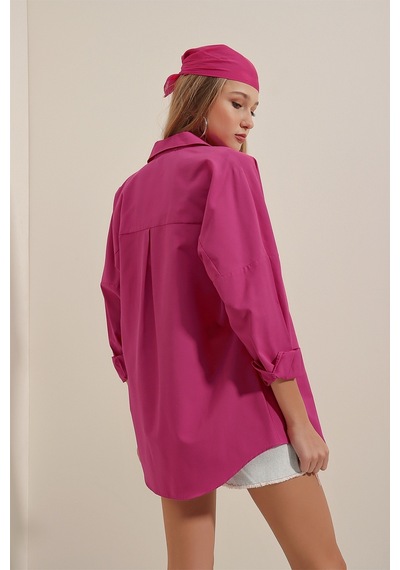 Bigdart 3900 Oversize Uzun Basic Gömlek - Koyu Pembe 001