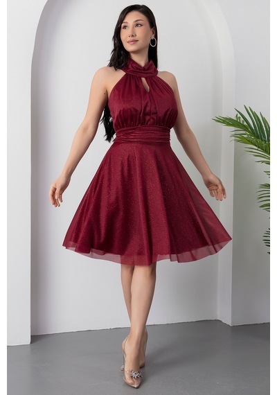 Kalopya 13376 C Yaka Simli Tül Elbise Bordo