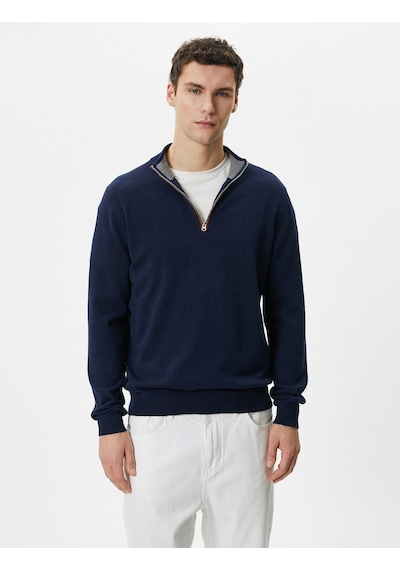 Koton Yarım Fermuarlı Kazak Slim Fit Uzun Kollu Dirsek Detaylı Lacivert 4sam70005ht Lacivert