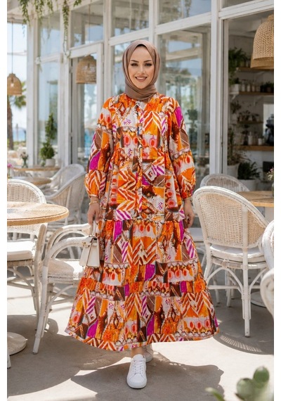 Hb Harma Time Butik Kadın Düğmeli Çiçek Desenli Turuncu Modal Elbise Turuncu Turuncu