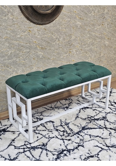Zafir Beyaz Boyalı İçi Kareli Diktörtgen 100 Cm X 40 Cm Oturak Puf - Bench - Makyaj Oturağı - Oturak Yeşil