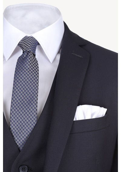 Erkek Lacivert Slim Fit Yelekli Takım Elbise