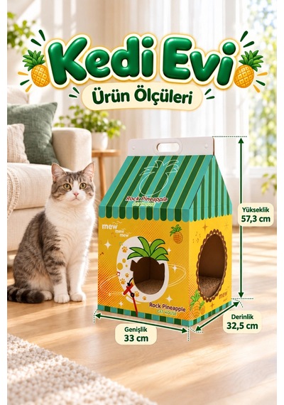 Ananas Desenli Karton Kedi Evi Katlanabilir Süt Kutusu Tasarımı, Tırmalama Pedi Hediyeli Sempatik