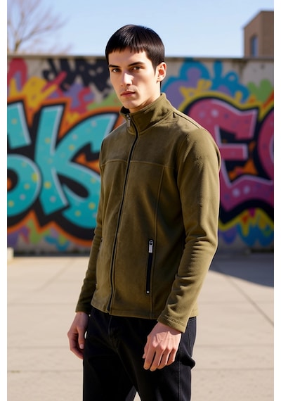 Benerly Erkek Dik Yaka Standart Kol Fermuarlı Polar Sweatshirt Fonksiyone Haki