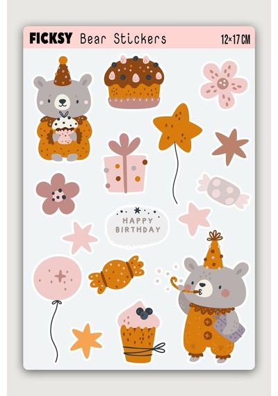 Sevimli Ayıcık Teddy Bear Doğum Günü Temalı Sticker Seti - 16 Adet Etiket Çıkartma Diğer
