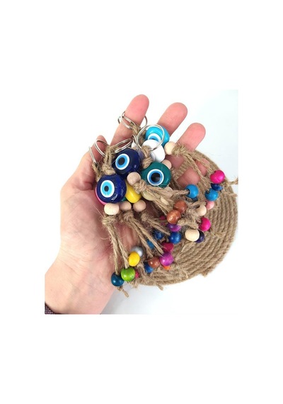 20 Adet Anahtarlık Karışık Renkli Kötü Göz Kovucu Nazar Hand Made Hasır Renkli Ahşap Boncuklu Nazarlık Çanta Araba Süsü