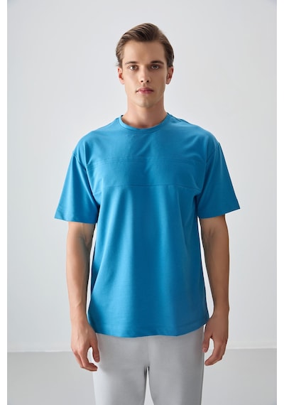 Air Jones Tommy Life Petrol Mavi Pamuklu Kalın Yumuşak Dokulu Oversize Fit Basic Erkek T-shirt - 88378 Petrol Mavi