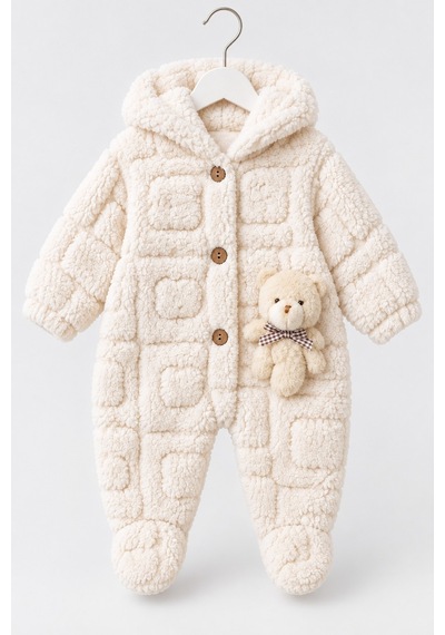 Kız Erkek Bebek Tavşan Ve Ayı Oyuncaklı Peluş Tulum Tlm0301 ekru