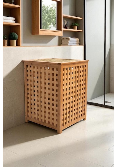 Digithome Bambu Çamaşır Sepeti 58x40 Cm Kulplu Taşınabilir Bezli Db-0042 Kahverengi