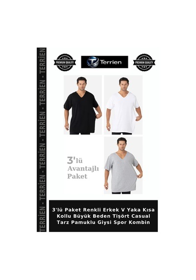 Terrien 3'lü Paket Renkli Erkek V Yaka Kısa Kollu Büyük Beden Tişört Casual Tarz Pamuklu Giysi Spor Kombin Beyaz Siyah Gri