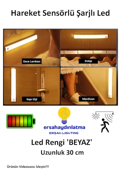 Hareket Sensörlü Şarjlı Led Lamba 30 Cm Beyaz Renk