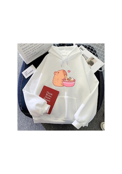 Tarzsokak Beyaz Sevimli Capybara Yeme Ra Hoodies Kawaii Karikatür Grafikul