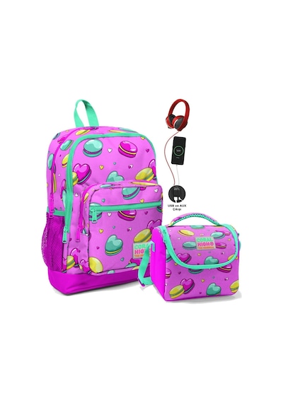 Coral High Okul Çantası Ve Beslenme Çantası Seti - Kız Çocuk Pembe Makaron - Usb Soketli