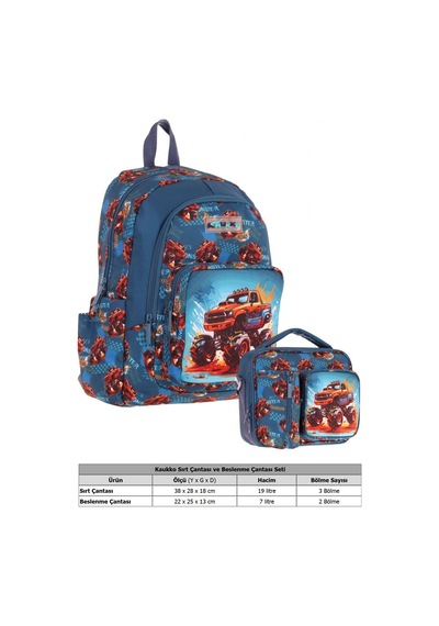 Kaukko Kids Arazi Aracı Erkek Çocuk Yeşil Kırmızı Okul Çantası Ve Beslenme Çanta Takımı Yeşil