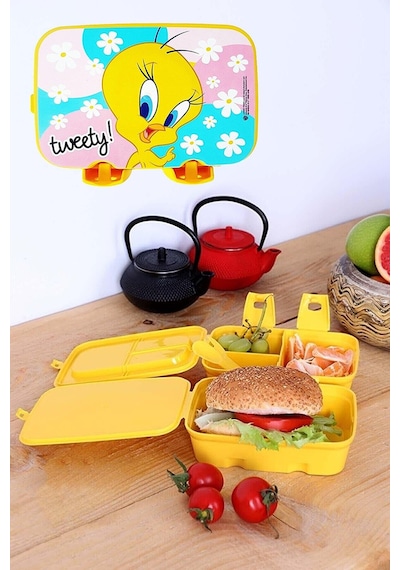 Lisanslı 4 Bölmeli Beslenme Kutusu Yemek Saklama Kabı - Beslenme Çantası Çocuk Piknik Seti Mama Kabı Tweety