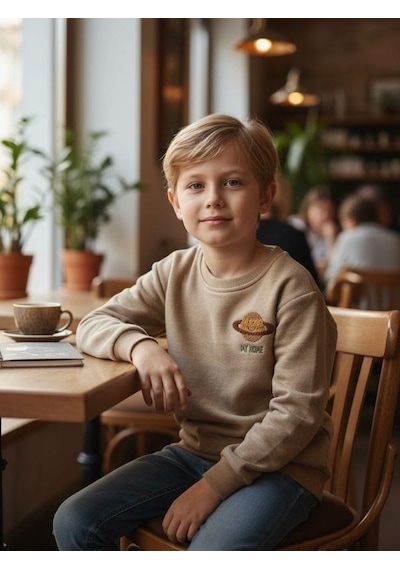 Zekids Erkek Çocuk Pamuklu Gezegen Baskılı Batik Sweatshirt-16332 Bej