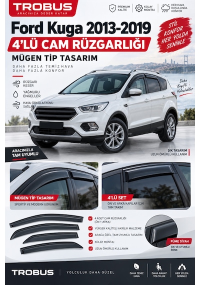 Plus Ford Kuga 2012-2019 Arası Tüm Modeller Uyumlu Yapıştırmalı Rüzgarlık 4'lü