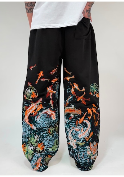 Zaee Koi Fish Nakışlı Ayarlanabilir Paça Baggy Eşofman Altı Siyah