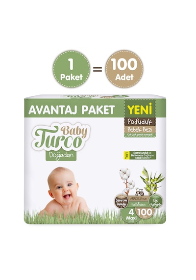 Baby Turco Doğadan Avantaj Paketi Pofuduk Bebek Bezi 4 Numara Maxi 100 Adet