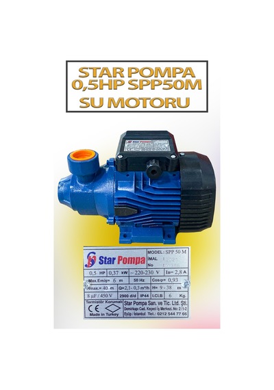 0,37 Kw 0,5 Hp 2900 D/d 2,8 A. Su Motoru 220 V/50 Hz Pompa
