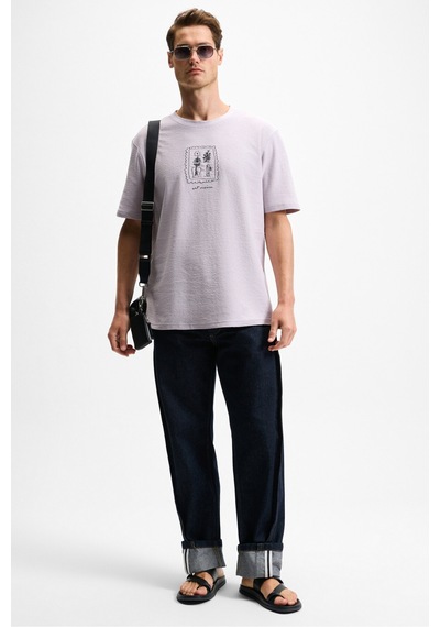 Grimelange DAPPERLY Erkek Ön Baskı Ve Nakış Detaylı Organik Pamuk Bisiklet Yaka Regular Fit Lila T-Shirt