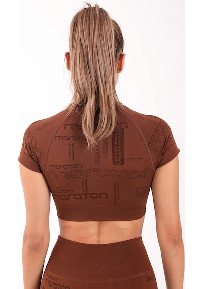 Maraton Active Slimfit Kadın Bisiklet Yaka Kısa Kol Koşu Sepya Crop Top 811037 Kahverengi