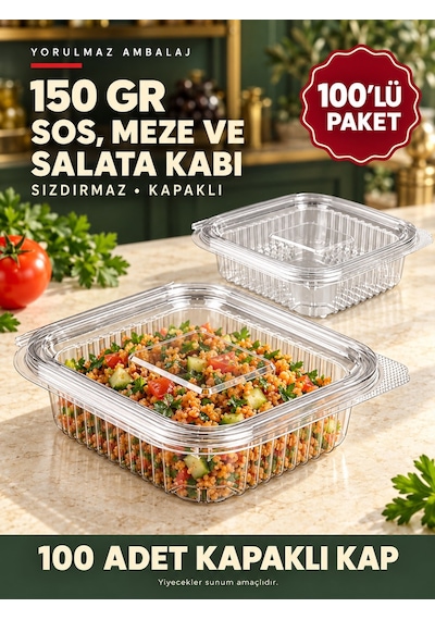 150 Gr Sızdırmaz Kapaklı Sos, Meze Ve Salata Kabı 100 Lü Şeffaf Kare Kap Siyah