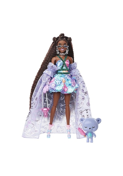 Barbie Extra Fancy Bebek ve Hayvan Dostu Mor Elbiseli Zenci Bebek