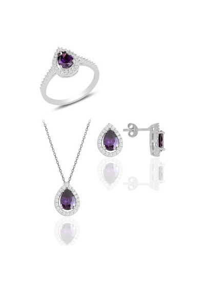 Gümüş Rodyumlu Ametis Taşlı Damla Modeli Üçlü Set