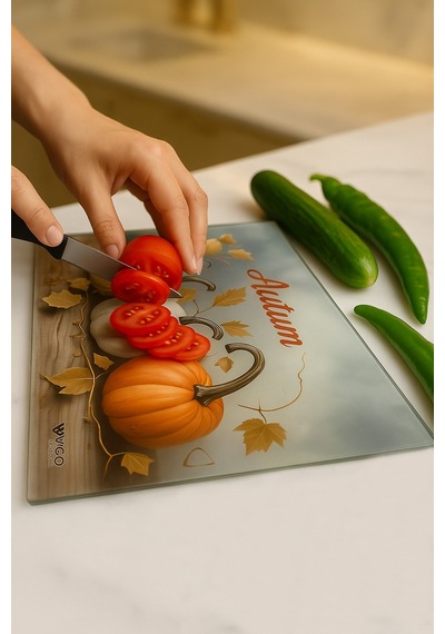 Makri Home Sonbahar Desenli Cam, Kesme Tahtası, 25 35 Cm Gri