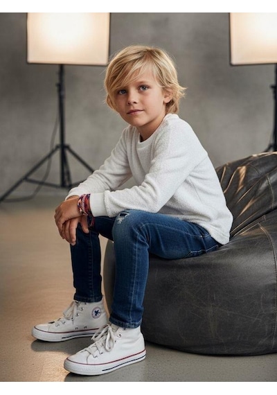 Zekids Erkek Çocuk Uzun Kollu İnce Triko T-shirt-16692 Beyaz