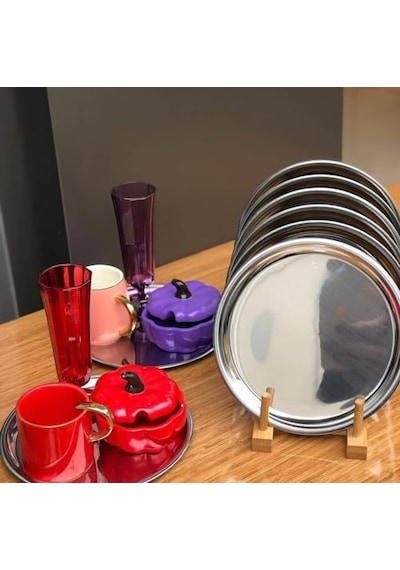 6 Adet Lüx Gümüş Paslanmaz Çelik Yuvarlak Çay,kahve,pasta Servis Tepsisi Sunum Tepsisi 21.5 Cm Çok Renkli