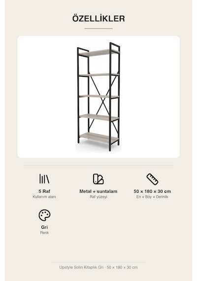 Upstyle Solin Kitaplık Gri 50 180 30 Cm