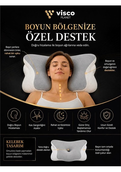 Visco Planet Ortopedik Visco Boyun Yastığı Memory Foam Boyun Destekli Ergonomik Uyku Yastığı 62x42x13/10 Cm Genel