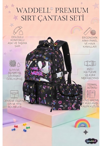 Waddell Kawaii Kore Tarzi Twil Kumas Desenli Sirt Cantasi Beslenme Cantasi Ve Kalemlikli Uclu Se Siyah