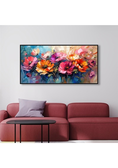 Yağlı Boya Dokulu Tablo Modern Renkli Yatay Çiçekler Siyah Çerçeveli U02044-178897