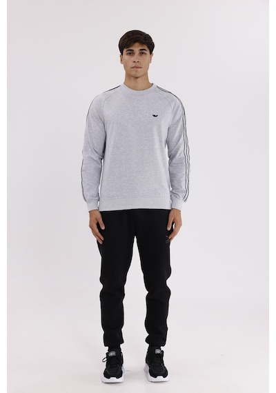 Rowinger Çift Şeritli Raglan Kol Minimal Logolu Bisiklet Yaka Sweatshirt Grey