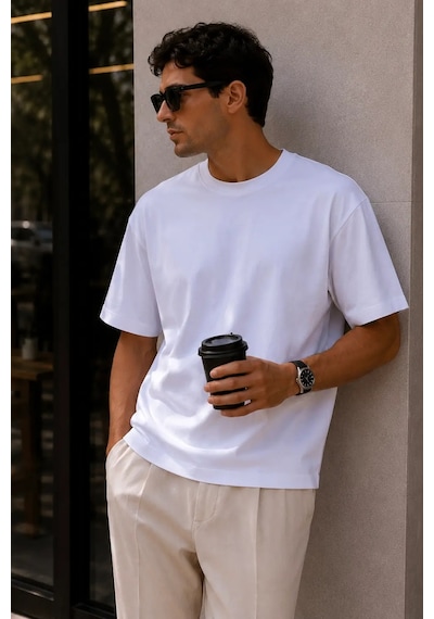Bbbutikbasic Erkek Oversize Basic Bisiklet Yaka Pamuklu Tişört My3535 Beyaz