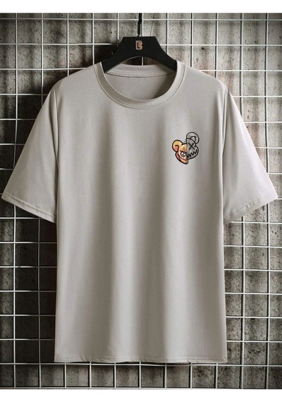 Flood Of Style Gri Men Cartoon Baskılı Bisiklet Yaka Tshirt