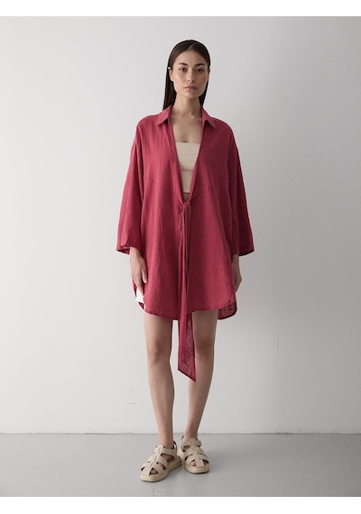 Laluvia Bordo Flam Keten Kimono Gömlek Bordo