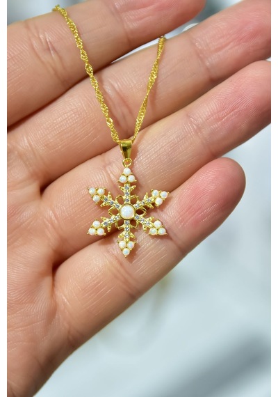 925 Ayar Gümüş Gold Kaplama Singapur Zincir Opal Kar Tanesi Kadın Kolye