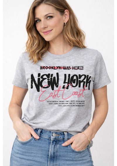 Herkesemoda East Coast Baskı Detaylı Kadın Bisiklet Yaka Pamuklu T-shirt Gri