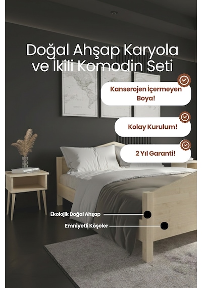 Renazzo Mi Lano Piramit Masif Ahşap Karyola Ve 2 Adet Natürel 180x200 Natürel - 180 X 200