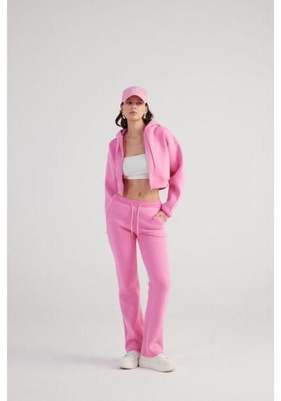 Holly Lolly Kadın Pembe Yüksek Bel Straight Kesim Şardonlu Mixed Eşofman Altı