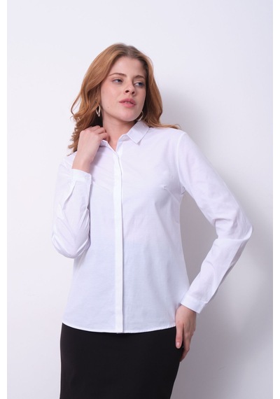 Pera Moda Kadın Basic Gizli Düğme Özellikli Gömlek Beyaz