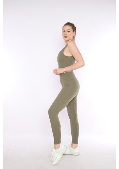 Escetic Kadın Spor, Haki Toparlayıcı, Yüksek Bel Fitnes Bra Şort-tayt Takım-4311 - Xs