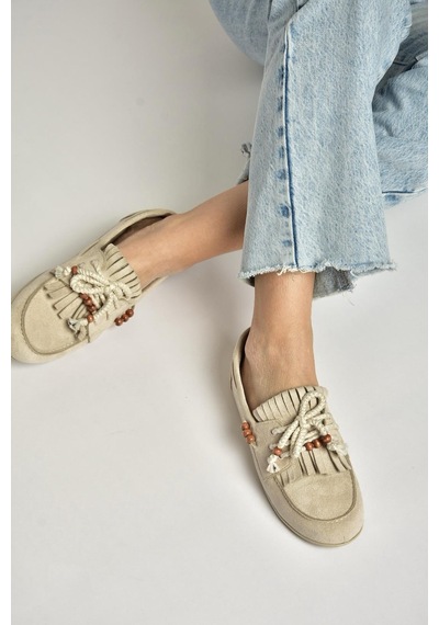 Fox Shoes Y602426202 Bej Süet Boncuk Detaylı Günlük Kadın Ayakkabı Bej