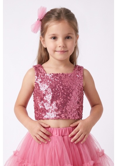 Le Mabelle Fuşya Kare Yakalı Pullu Kız Çocuk Kolsuz Crop Bluz - Cintia Fuşya