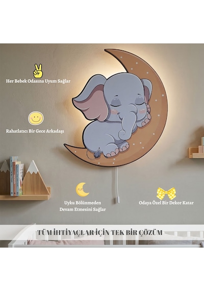 Fil Figürlü Bebek Çocuk Odası Dekoru Gece Lambası Ahşap Duvar Lambası Ay Tasarımlı Led Gece Işığı